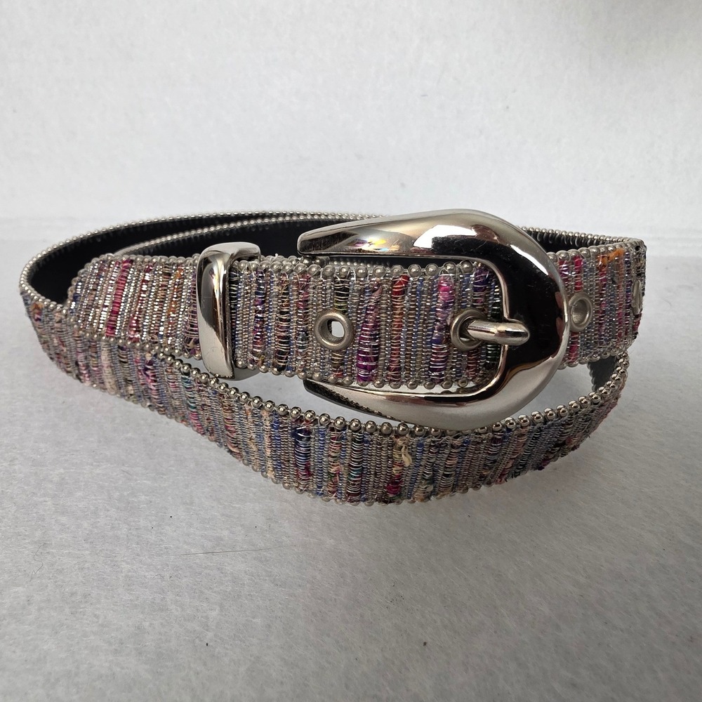 Amiee Lynn XL Woven Multicolor Metallic Boho Belt Silver Buckle Beaded Edge